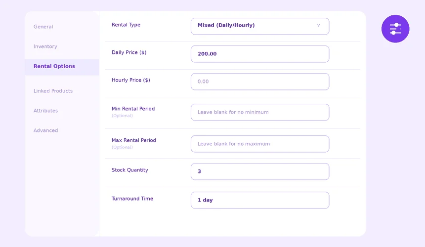 WooCommerce rental plugin admin settings — configure hourly, daily or mixed pricing with minimum rental period, stock quantity and turnaround time per product