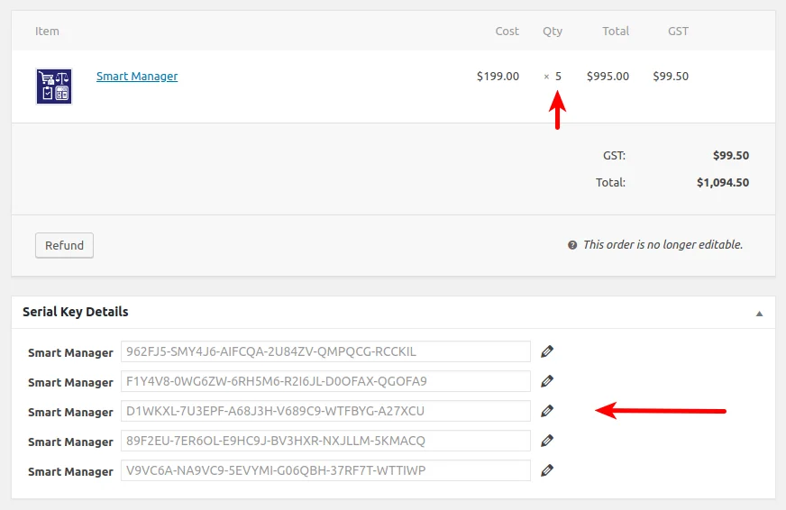 Unique serial key per quantity of the product purchased