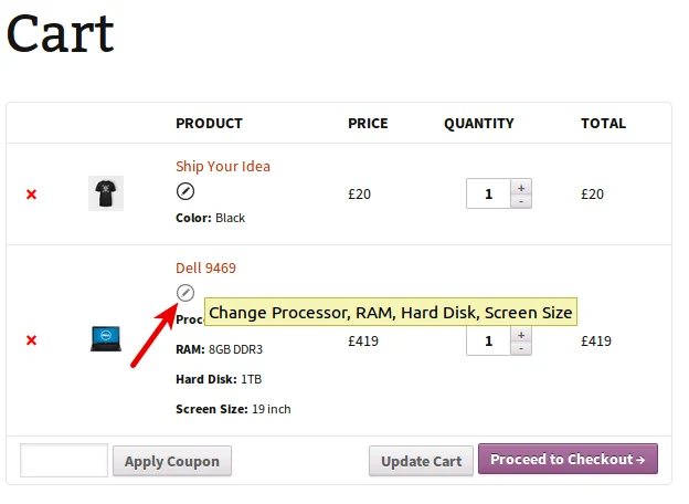 woocommerce cart plugin provides button to change product variations