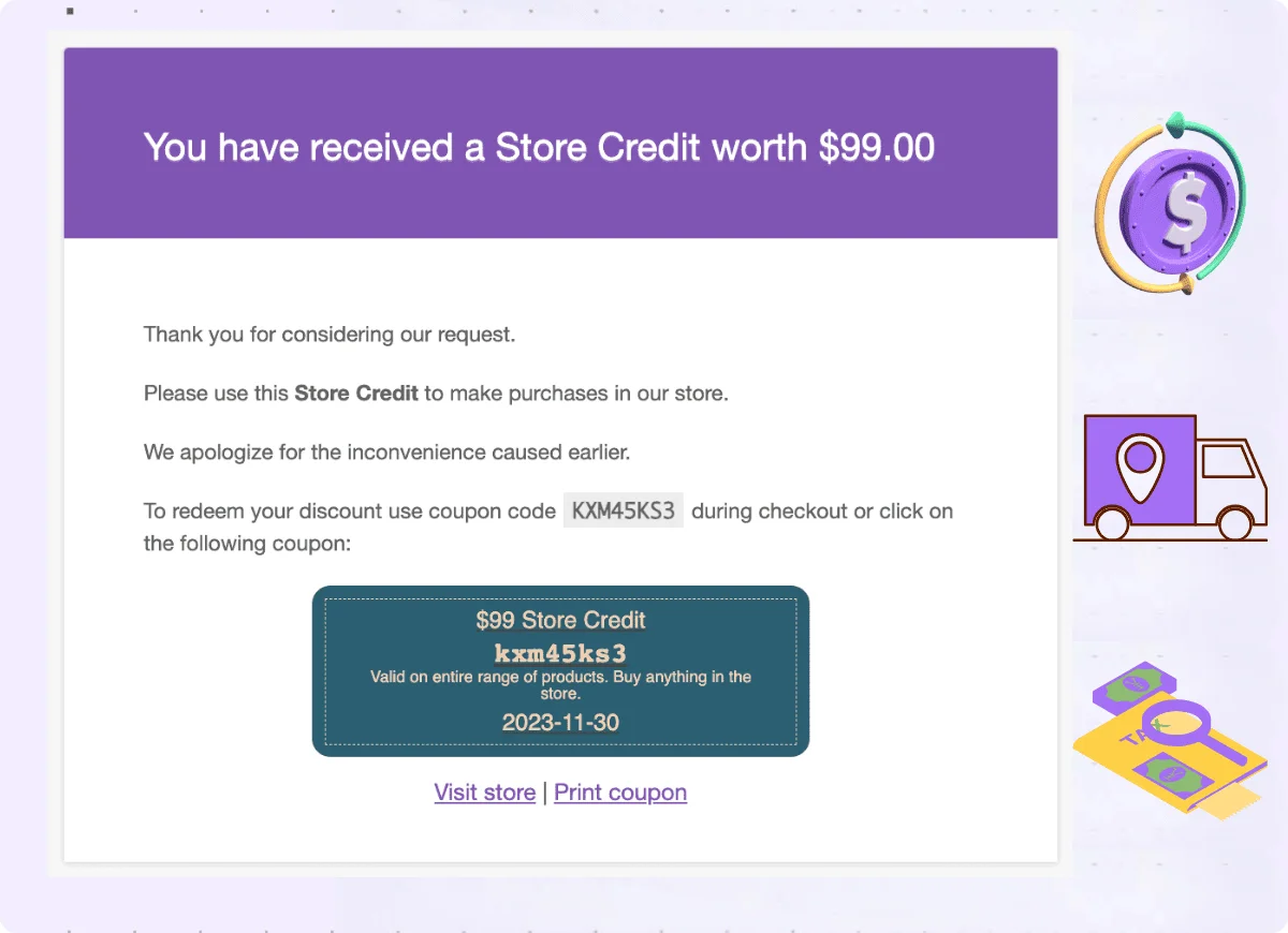 gift card for refund, taxes, shipping