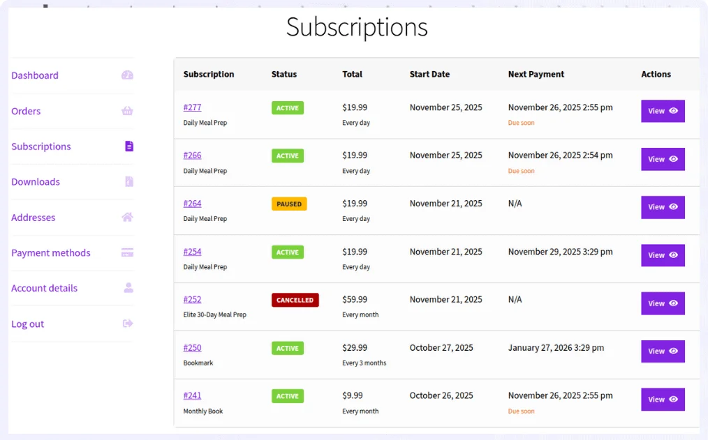 manage subscriptions dashboard